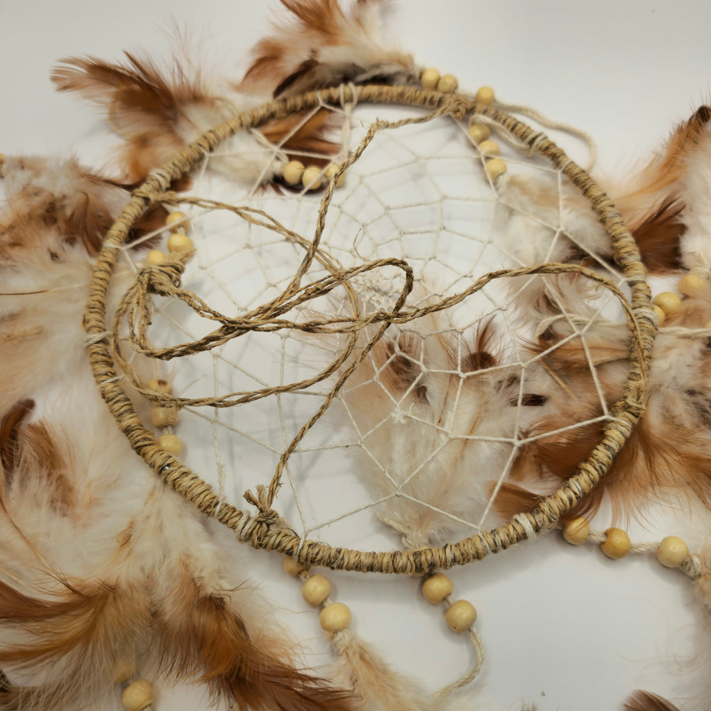 Attrape-rêves rond en chanvre marron/blanc cassé